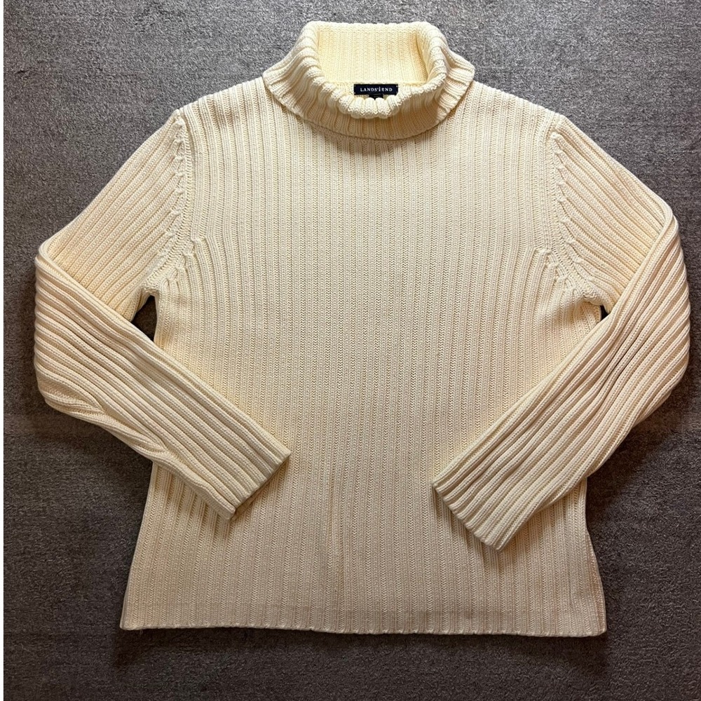 Vintage Lands End Cream Ribbed Turtleneck Sweater 100% Cotton Ivory M Coastal